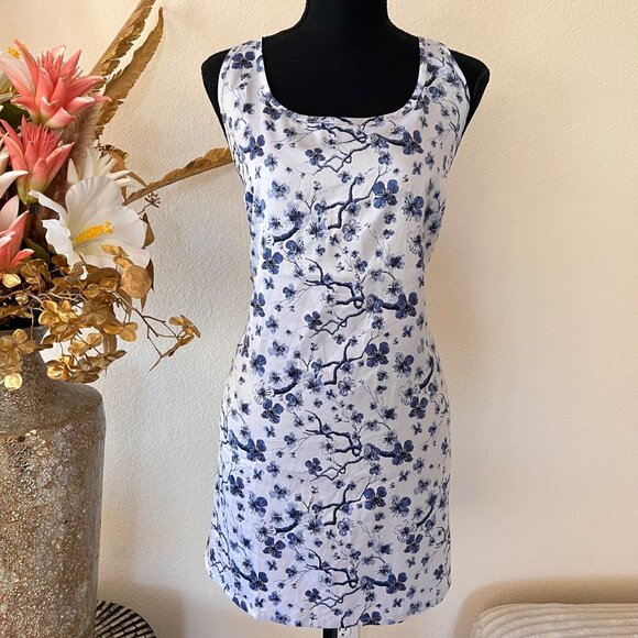 Dresses & Skirts - Y2K Satin Blue & White Floral Open-Back Crisscross Mini Dress XL